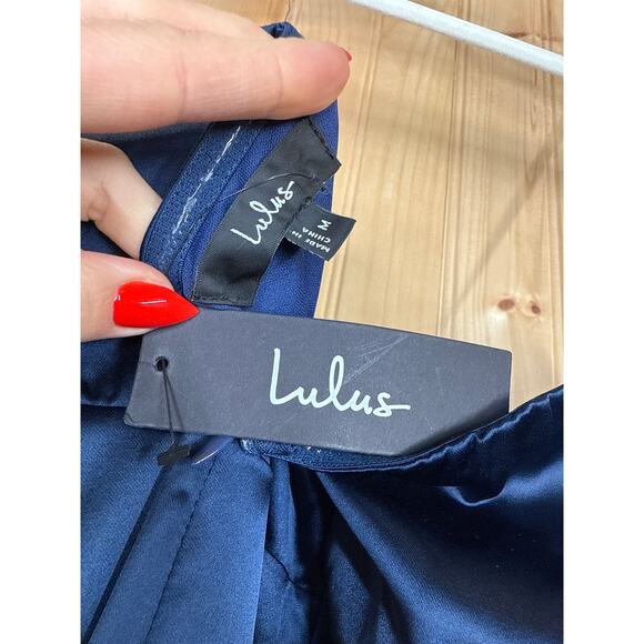 NWT Lulus Memorable Entrance Dark Blue Strapless Satin Maxi Dress Bridesmaid M - Picture 6 of 8